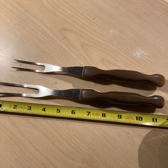 2 Vintage  serving turning forks  11 inch 8 inch wood handle stailess - Picture 2 of 2